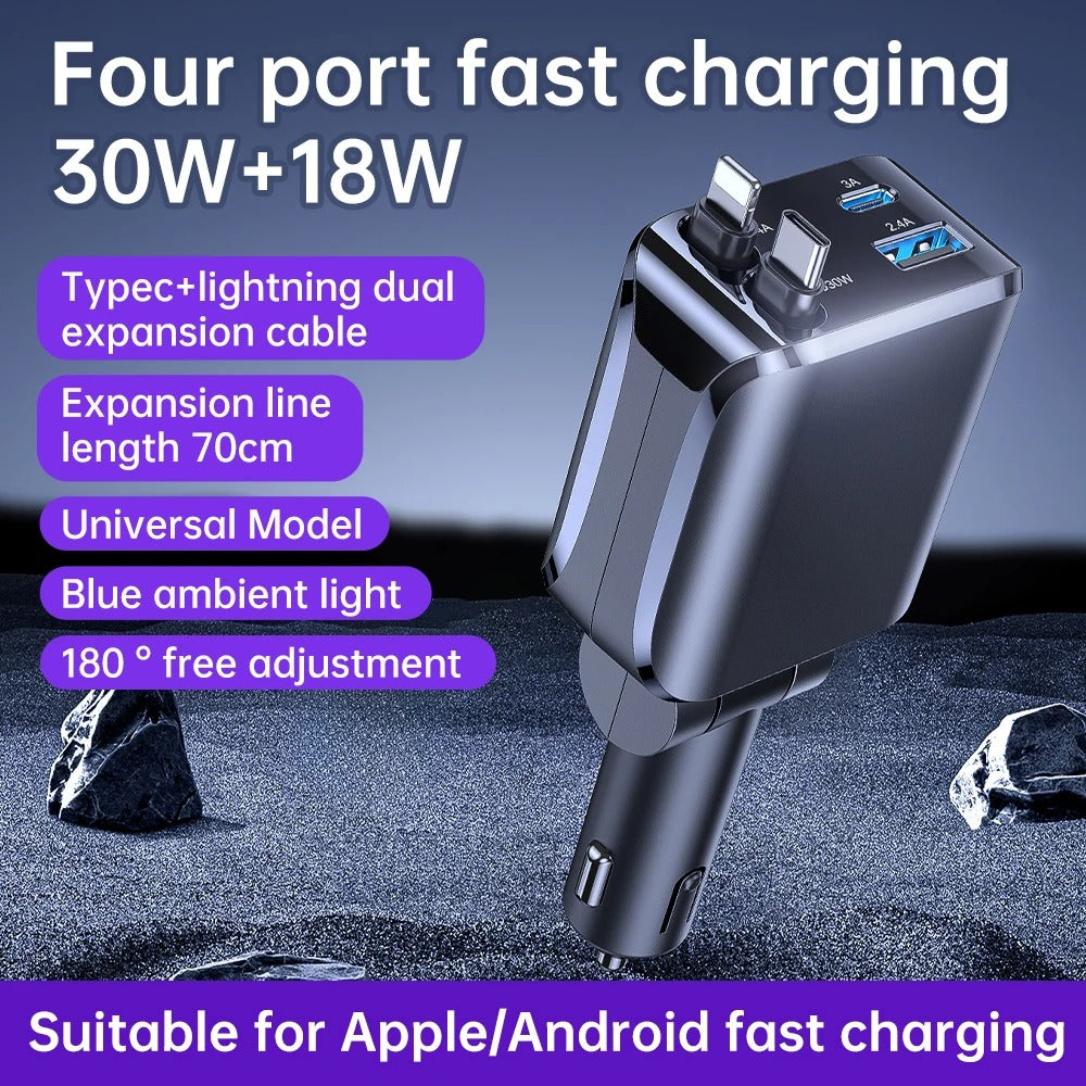 4-in-1 Retractable Car Charger – Fast Charging Cable Organizer for All Devices