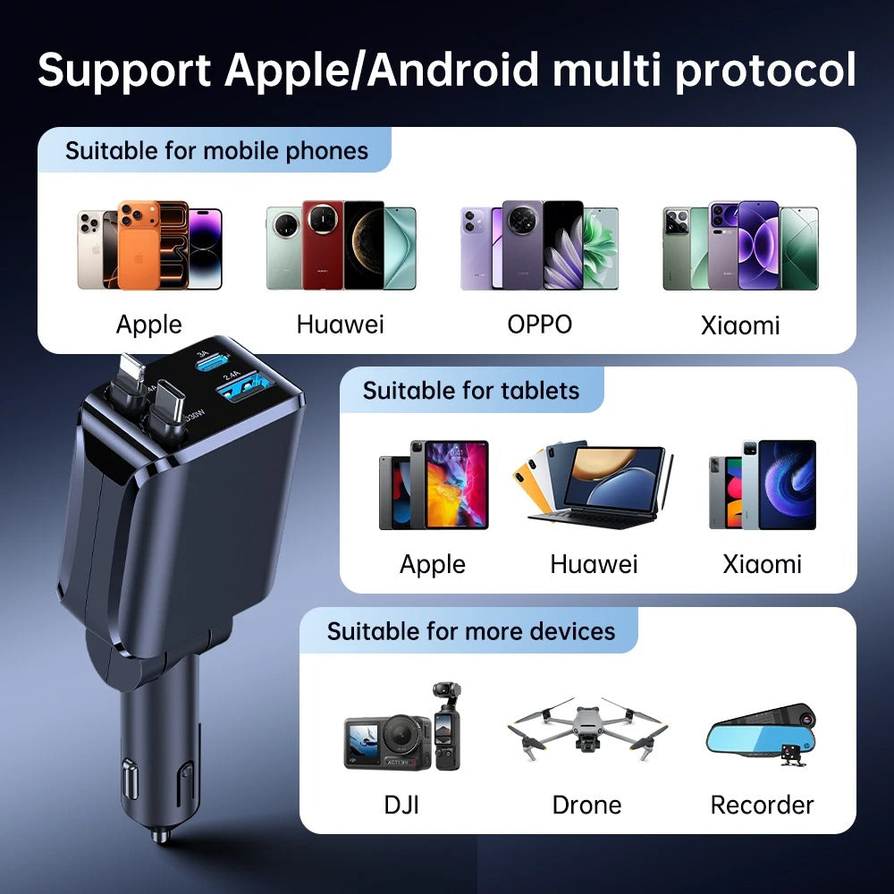 4-in-1 Retractable Car Charger – Fast Charging Cable Organizer for All Devices